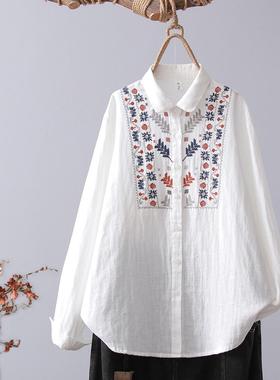 复古民族风刺绣衬衫女百搭长袖双层棉纱打底白衬衣休闲上衣Y114
