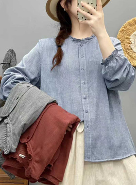 文艺百搭木耳花边立领千鸟格双层纱长袖衬衫女衬衣打底上衣86381