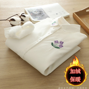 精美刺绣加绒衬衫女文艺百搭纯棉白衬衣加厚打底衫保暖上衣Y20