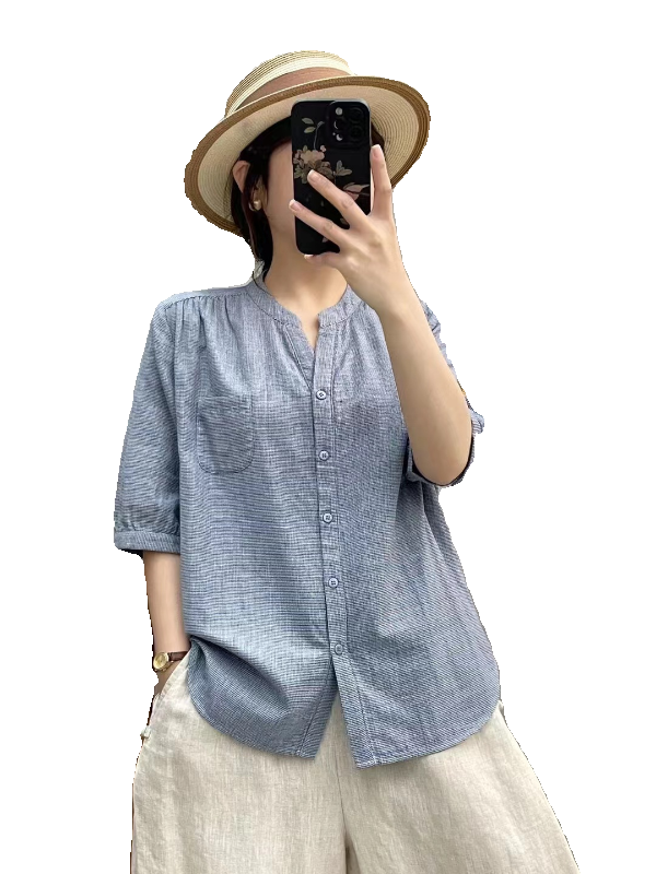 夏季新款V领千鸟格口袋棉纱衬衫女 文艺百搭休闲纯棉中袖衬衣6533