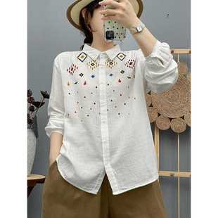 打底纯棉上衣C6837 女开衫 文艺百搭菱形方块刺绣双层棉纱长袖 衬衫