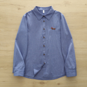 复古蓝色格纹小狗刺绣长袖 衬衫 女翻领百搭衬衣上衣棉布上衣86660