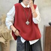 复古纯色棉线针织马夹背心女宽松显瘦叠穿圆领毛衣马甲坎肩26011