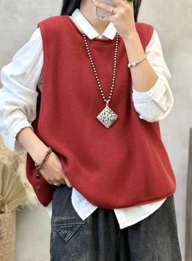 复古纯色棉线针织马夹背心女宽松显瘦叠穿圆领毛衣马甲坎肩26011