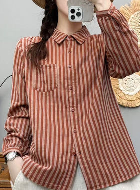 文艺复古竖条纹色织双层棉纱长袖衬衫女翻领显瘦纯棉柔软衬衣8514