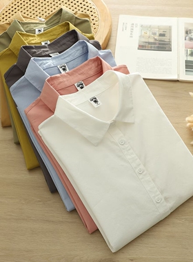 高品质尖领精梳棉纯色百搭长袖衬衫女士宽松休闲打底衬衣85225
