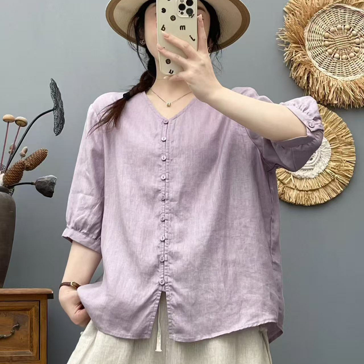 夏季女纯亚麻V领宽松短袖衬衫