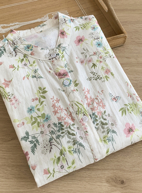 森系印花双层棉纱立领长袖衬衫女2024秋新款柔软婴儿纯棉衬衣Y707