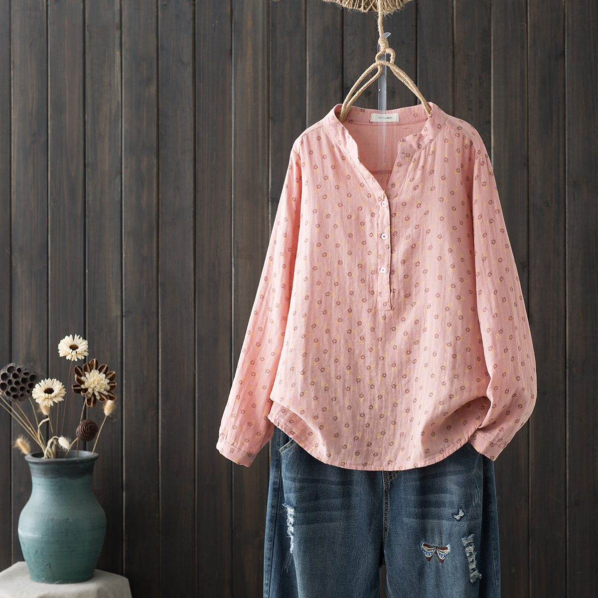 2022春装新款印花棉长袖衬衣