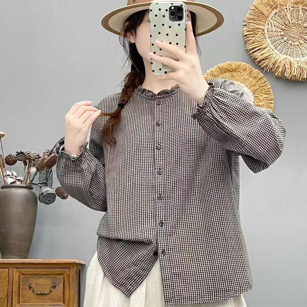 木耳花边立领格子长袖双层棉纱衬衫女宽松休闲纯棉衬衣86382