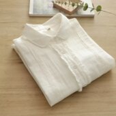 打底衫 文艺小清新甜美蕾丝花边娃娃领双层棉纱白衬衫 女长袖 纯棉