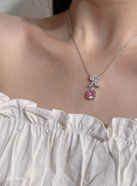 精致韩版蝴蝶结粉钻吊坠项链