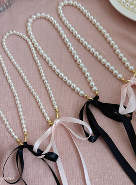 物种 自制甜美法式珍珠少女粉色丝带气质黑色百搭两戴蝴蝶结项链