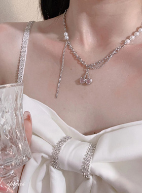 物种 甜酷粉嫩公主粉色樱桃珍珠链条简约可爱拼接项链耳环套装女