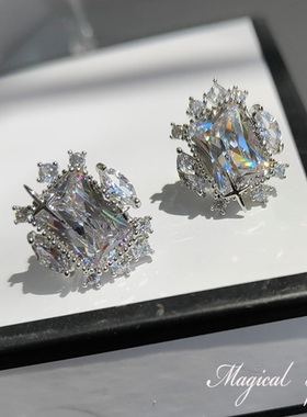 物种 甜美公主方形锆石耳钉百搭气质闪钻高级感耳环无耳洞耳夹女