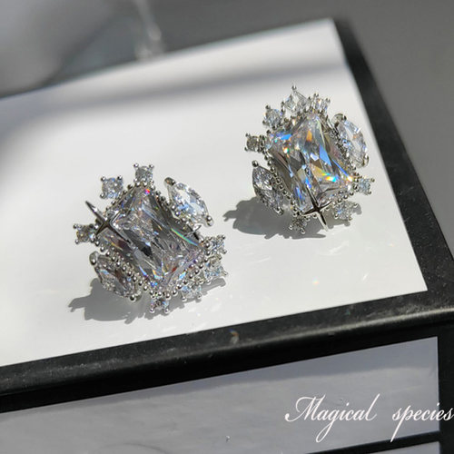 锆石耳钉女爆闪方钻耳饰耳夹耳环
