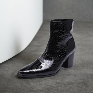 增高7公分牛皮男靴高跟个性高帮男鞋发型师走秀皮靴子毛里保暖冬