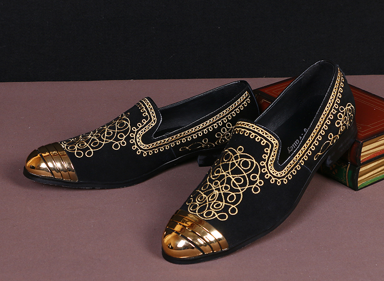 个性牛皮牛皮高跟尖头皮鞋男刺绣发型师皮鞋布洛克增高夜店舞台鞋