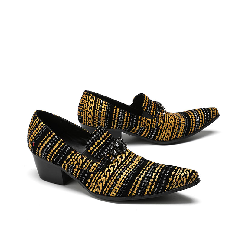 时尚尖头金色条纹美发师男鞋牛皮夏季外贸增高潮鞋休闲发型师皮鞋