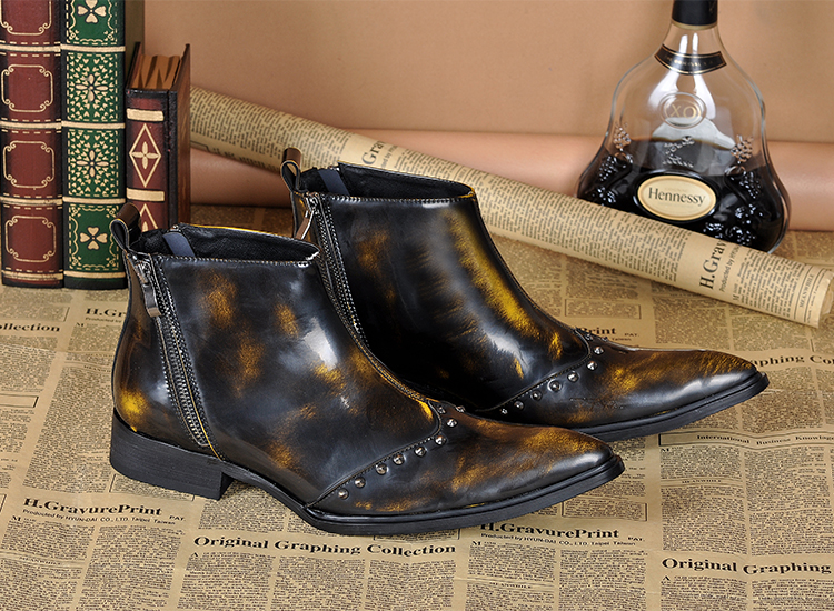 2026秋冬英伦尖头短靴布洛克高帮男鞋牛皮马丁靴拉链男靴美发师靴