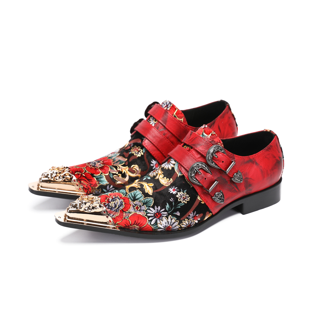 拉牧斯红色龙年时尚印花男鞋尖头钢头潮流新郎舞台皮鞋时髦夜店款