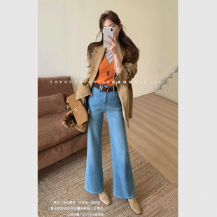 加厚绒女2025冬季 筒喇裤 新款 型 高腰超好看版 TOP欧制浅蓝牛仔裤