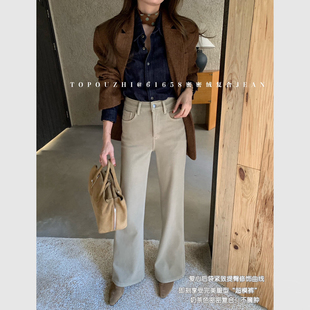 子61658 冬加厚绒四面弹筒喇裤 TOP欧制奶茶色微喇牛仔裤 女2025新款