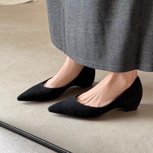 皮鞋 女尖头2026新款 复古浅口单鞋 皮质女鞋 内增高工作鞋 春秋季 法式