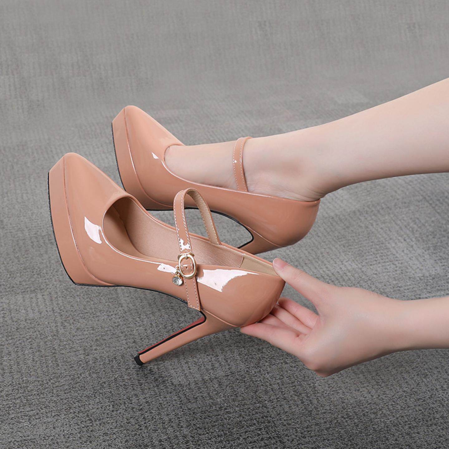 黑色漆皮玛丽珍高跟鞋女细跟防水台红底宴会婚鞋性感单鞋OL潮尖头