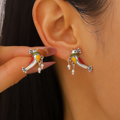 复古珐琅彩色小鸟民族风耳饰