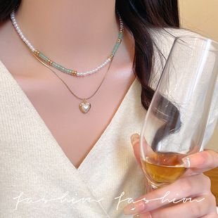 Double-layer pearl beaded necklace for women珍珠爱心法式项链