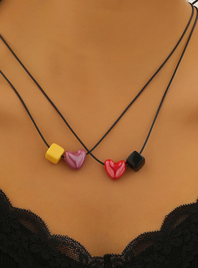 新款潮流陶瓷几何方块项链女