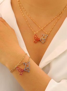 Colorful diamond studded magnetic butterfly necklace 2 set