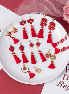 Red Chinese knot lantern tassel New Year earrings