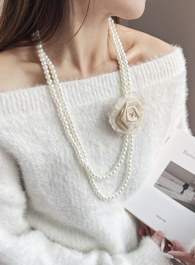 Rose pearl women's light luxury niche layered sweater chain