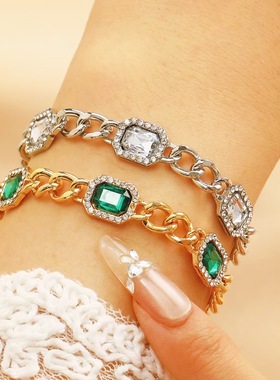 欧美时尚古巴链锆石祖母绿手链