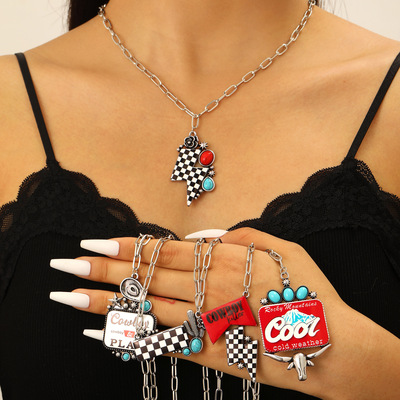 跨境新款黑白棋盘格几何吊坠