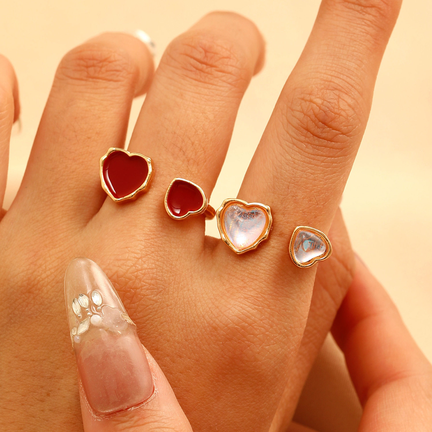 Simple wine red dripping oil sweet heart-shaped retro ring