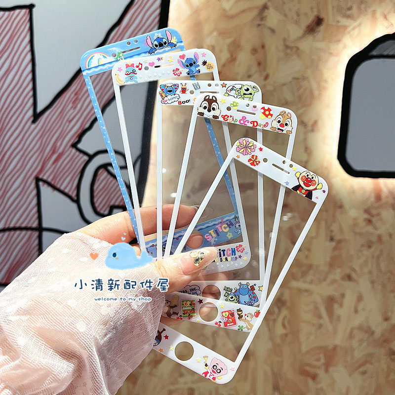 卡通史迪仔适用苹果6/7/8钢化玻璃贴膜iPhone6/7/8plus面包超人全屏手机彩膜奇奇蒂蒂SE2/3女