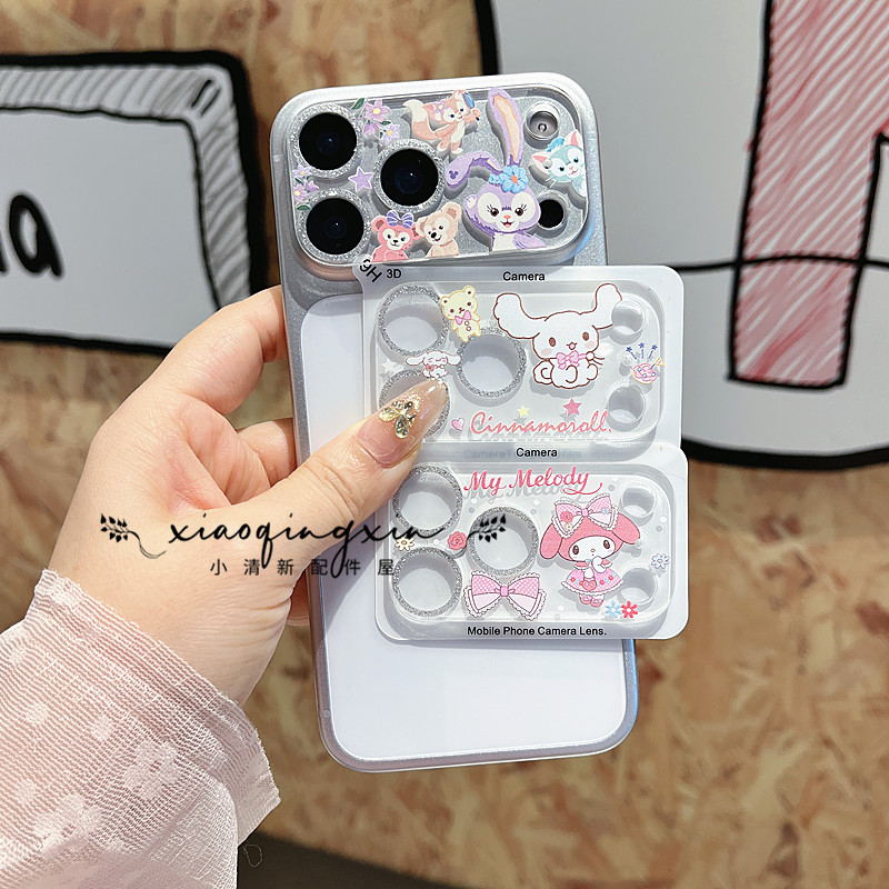 适用苹果卡通全包闪粉钢化镜头膜