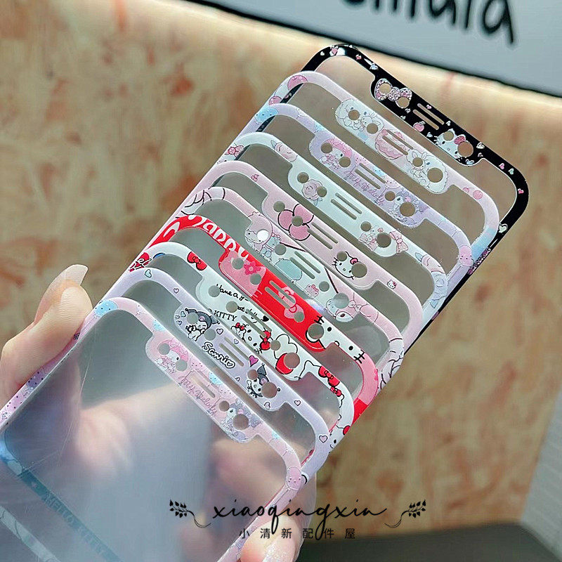 卡通kitty适用苹果XR可爱钢化玻璃贴膜新款iPhone11/12/13/14/15/16/17promax全屏手机彩膜库洛米美乐蒂