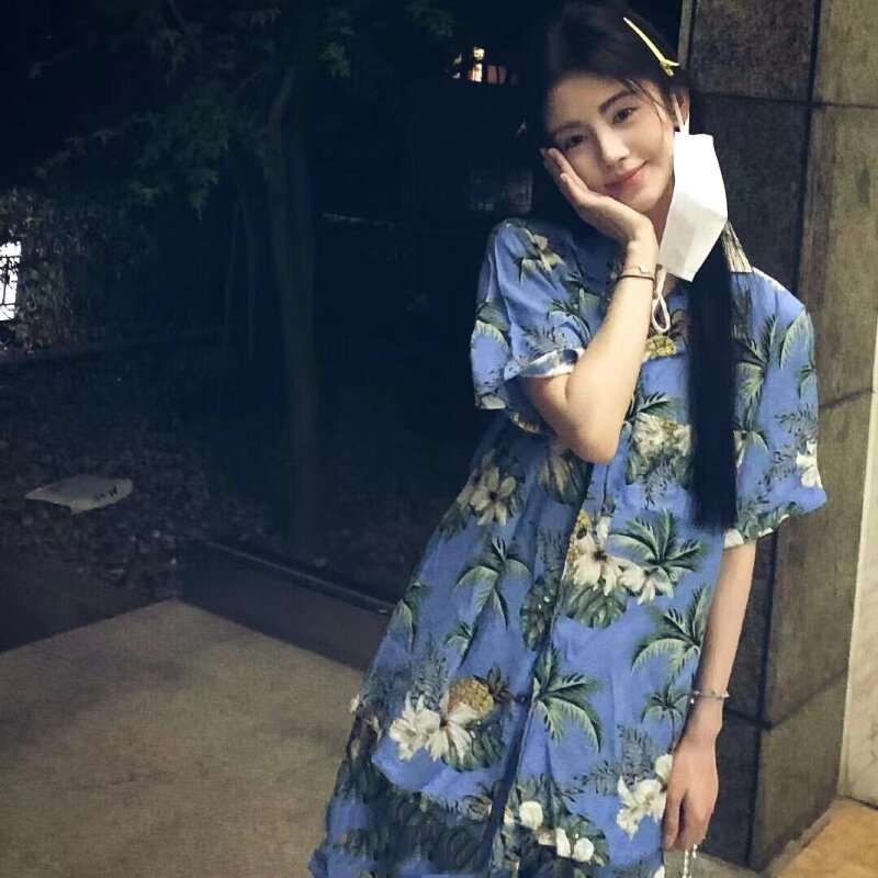 鞠婧祎同款夏威夷潮流沙滩度假椰树衬衣印花短袖衬衫超柔软棉绸料