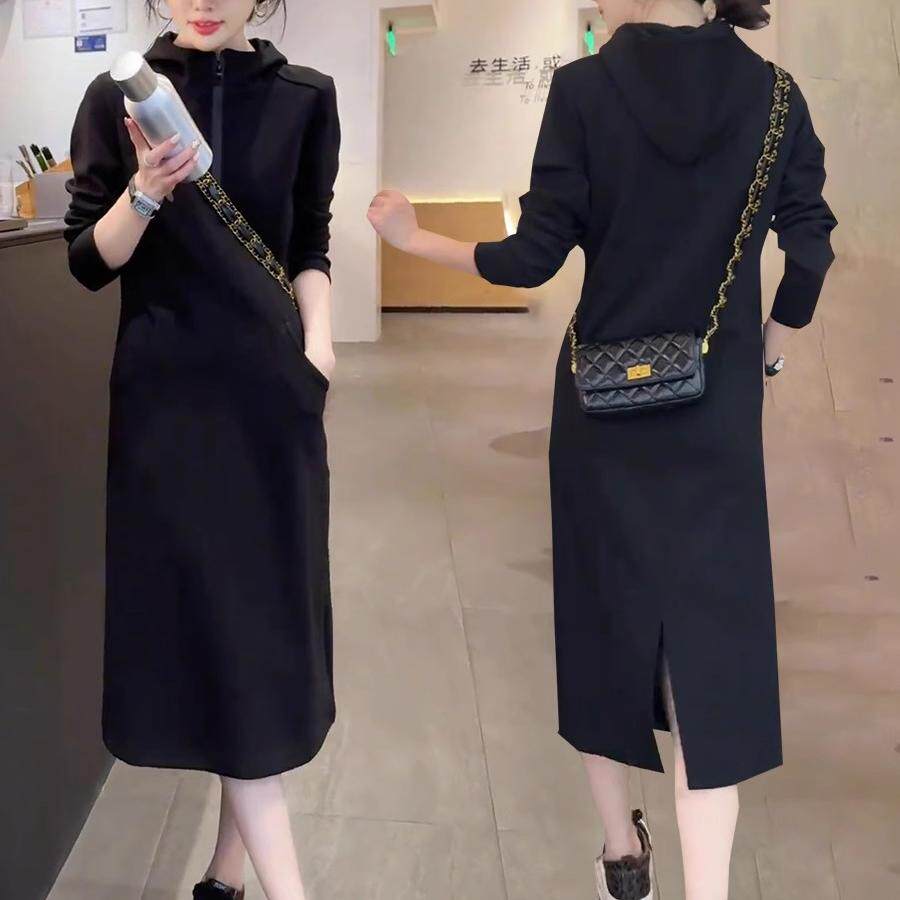休闲百搭连帽连衣裙女春秋季新款宽松t恤卫衣裙显瘦中长款直筒裙