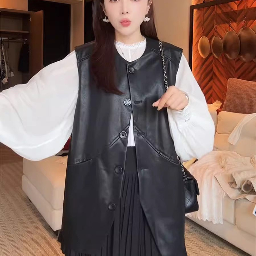 欧韩货女装阔版设计感外搭叠穿中长款马夹春秋2025新款PU皮衣马甲,女装/女士精品,马夹,淘宝优惠券,粉丝福利购,淘宝优惠卷