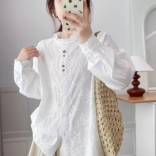 衬衣 设计感小众彩色纽扣刺绣花边领衬衫 女2025秋新款 时尚 洋气长袖