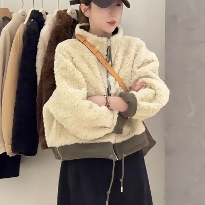 立领两面穿羊羔毛外套女短款2025冬季新款百搭小个子皮毛一体上衣