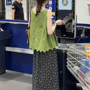 镂空无袖 新款 法式 V领背心两件套女2025夏季 潮 印花半身裙时尚 套装