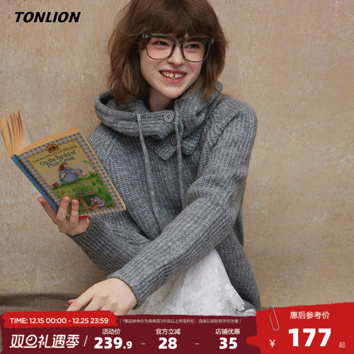 唐狮2025秋冬新款毛衣女净色可拆卸帽子毛线衫慵懒风休闲灰色百搭
