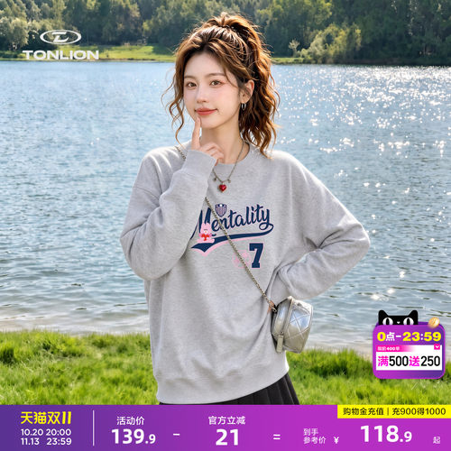 唐狮美式学院风落肩宽松套头卫衣女早秋字母卡通印花圆领亲肤上衣