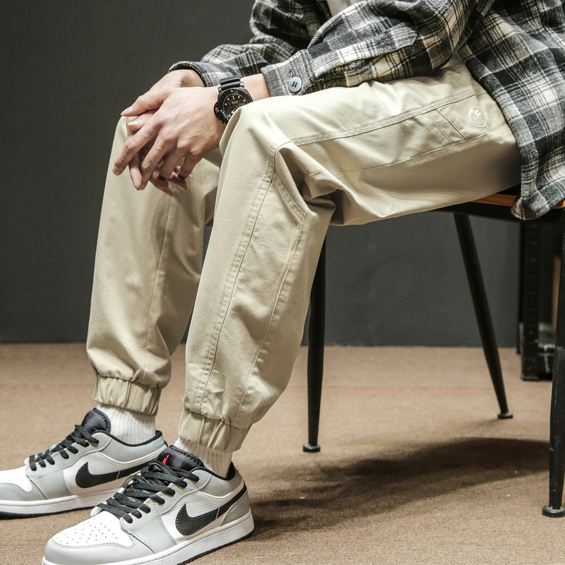 唐狮春夏季新款休闲裤男士宽松束脚裤子黑色男生工装裤潮牌